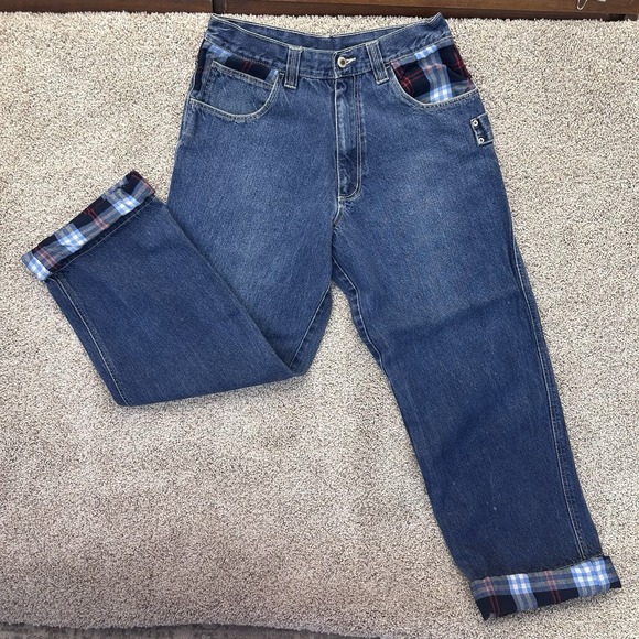 Vintage Burberry London Plaid Cuff Carpenter Jeans Men's Size 34x32 Blue Jeans - Picture 1 of 16